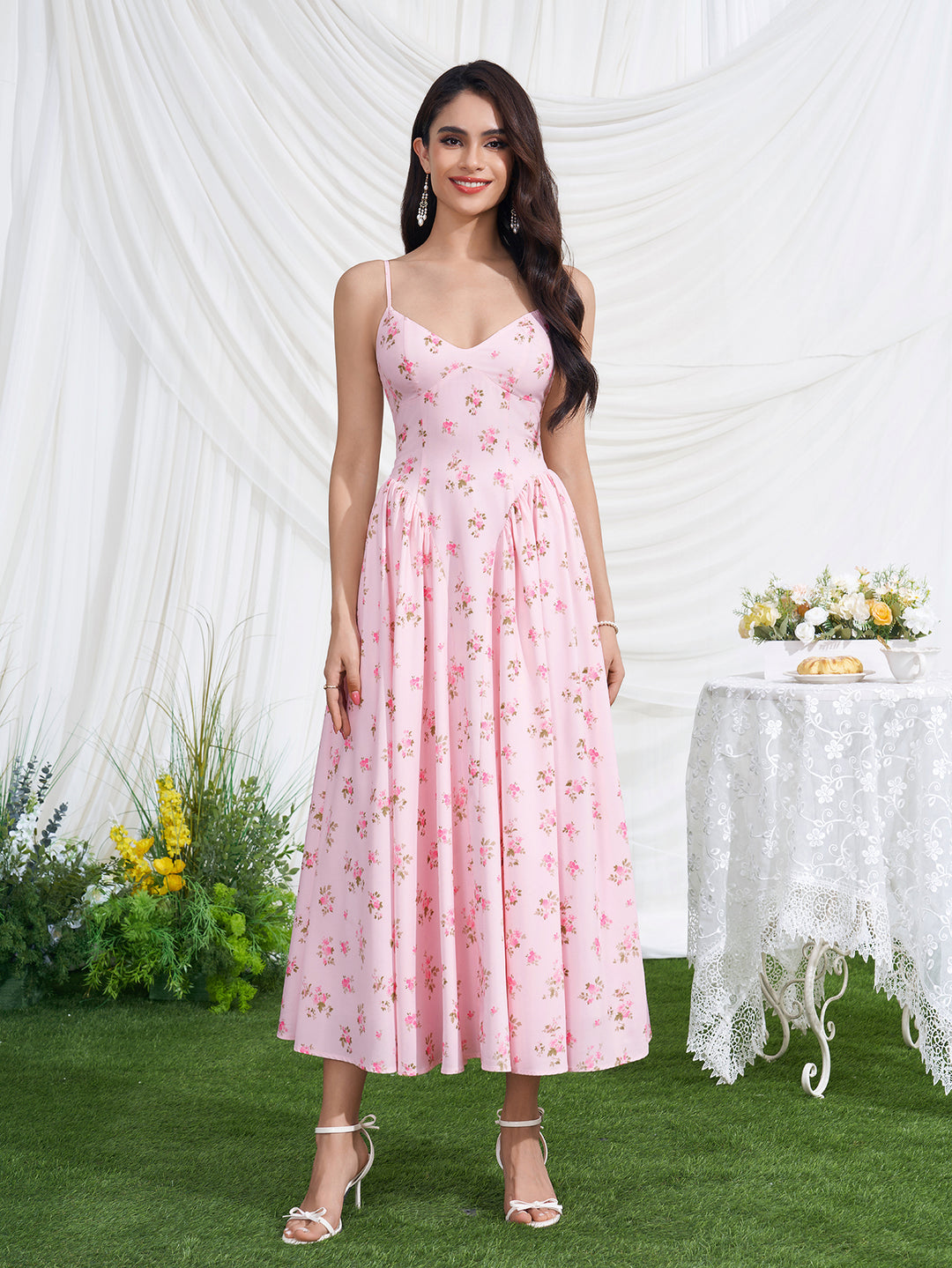 Deep V-Neck Crisscross Back Floral Print Dress, PinkFloral / XS