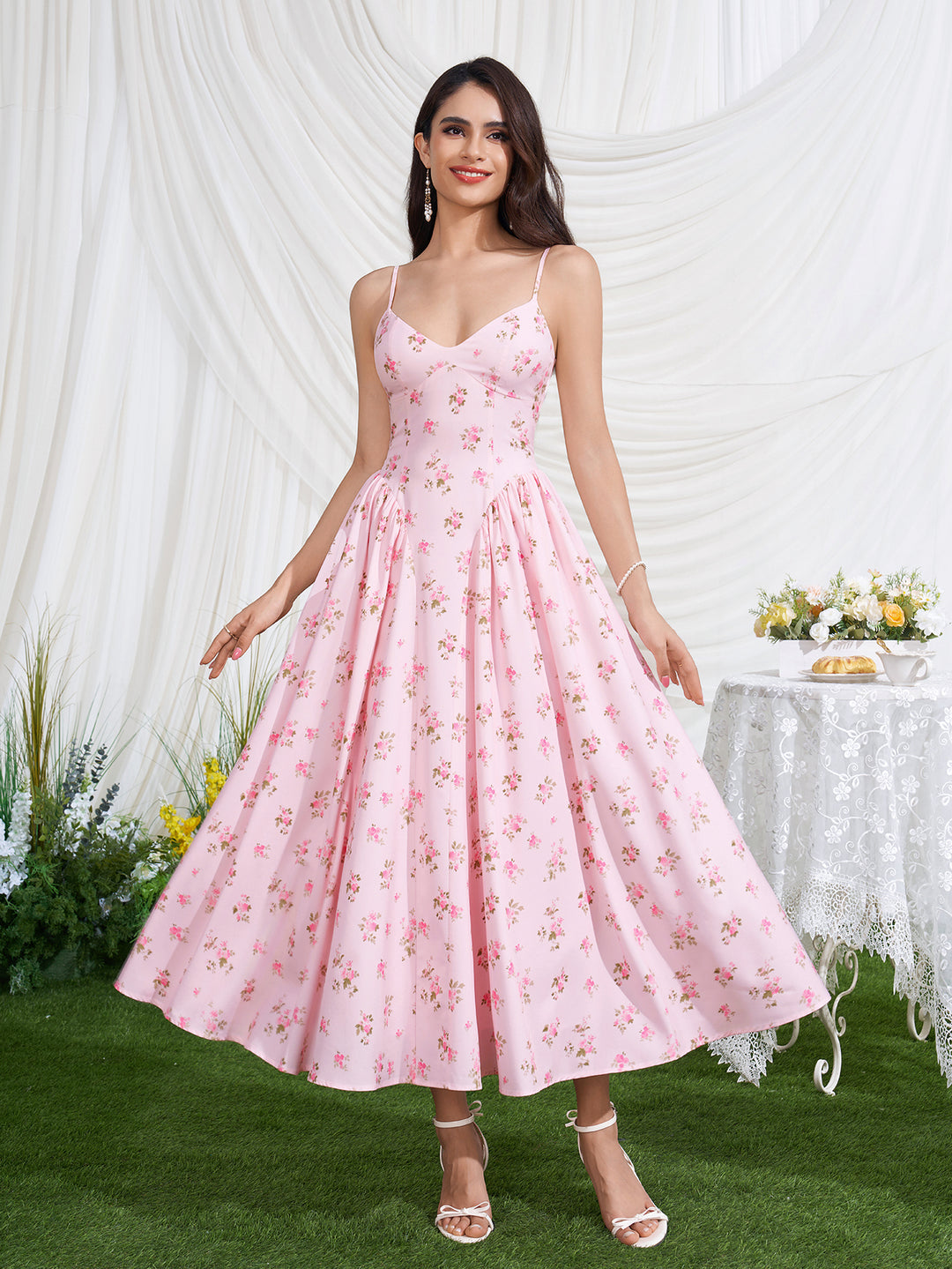 Crisscross Back Deep V-Neck Floral Print Dress
