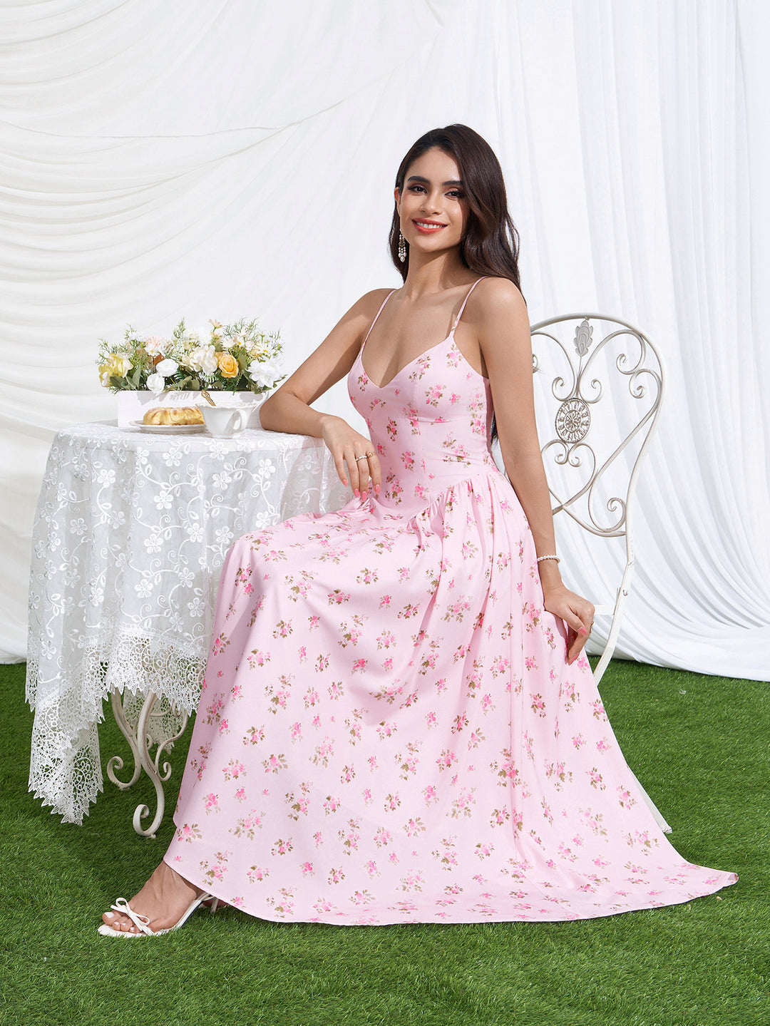 Crisscross Back Floral Print Deep V-Neck Dress