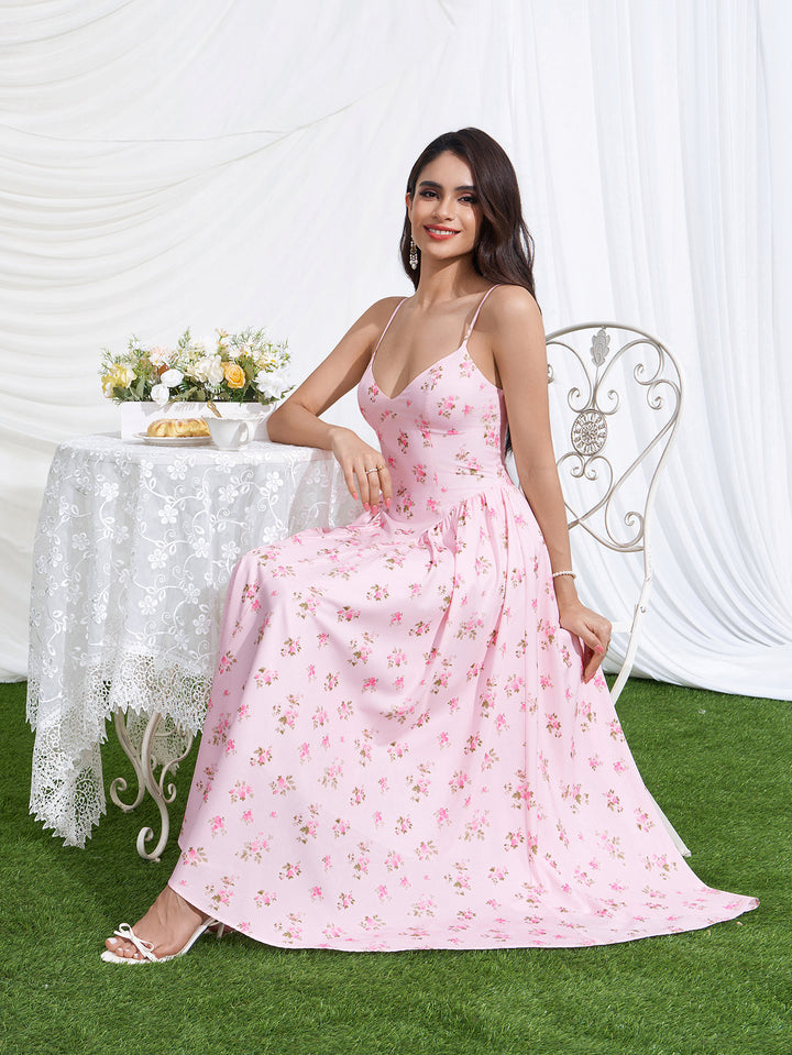 Crisscross Back Floral Print Deep V-Neck Dress
