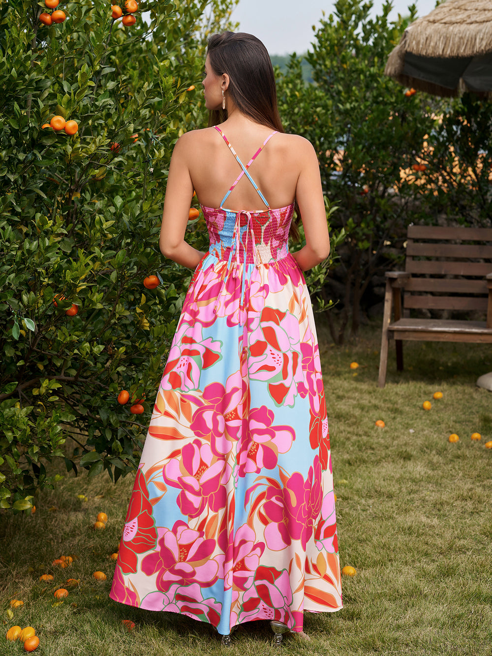 Deep V-Neck Tie Crisscross Back Floral Print Dress#color_pinkfloral