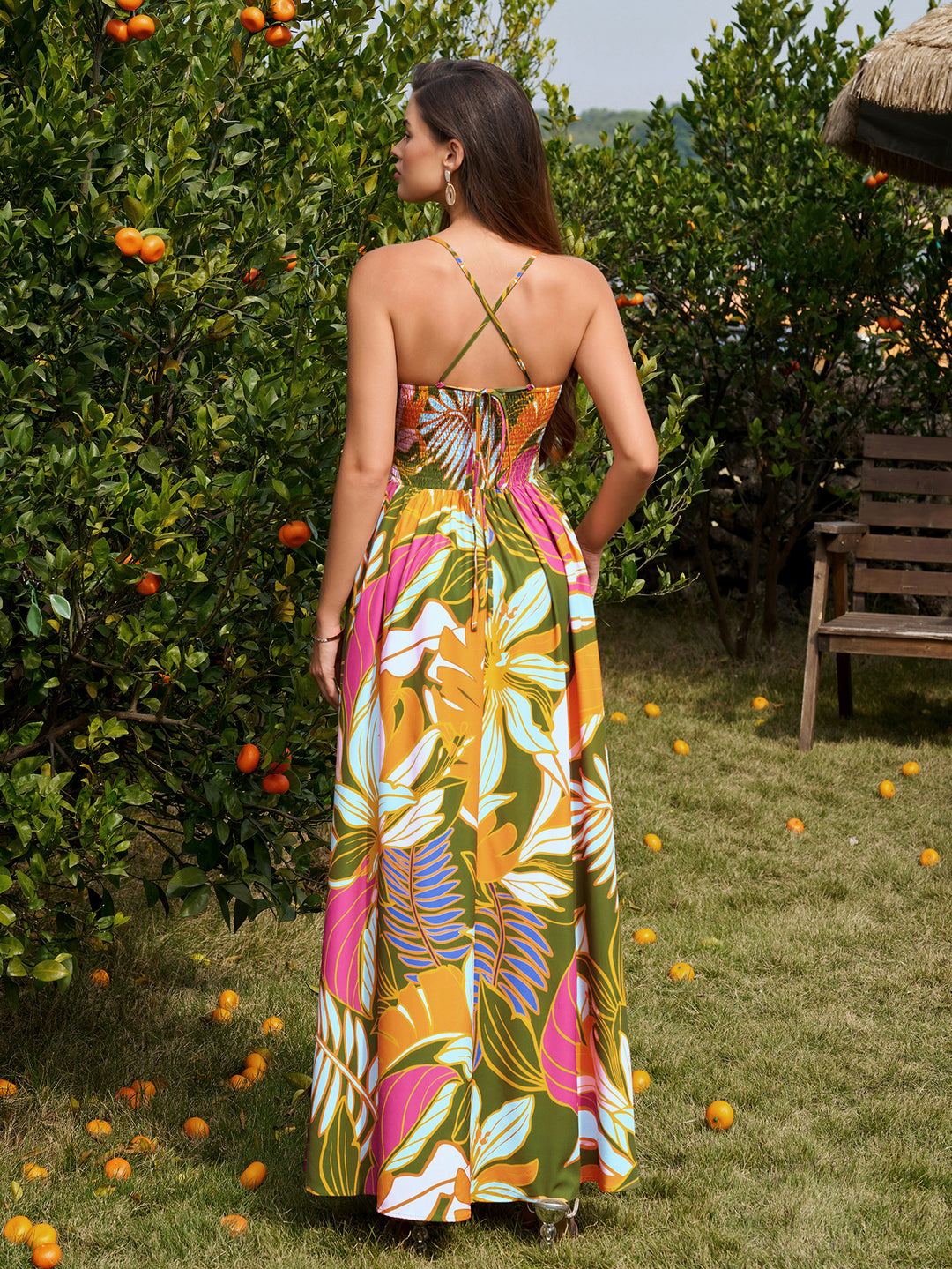 Deep V-Neck Tie Crisscross Back Floral Print Dress#color_greenfloral