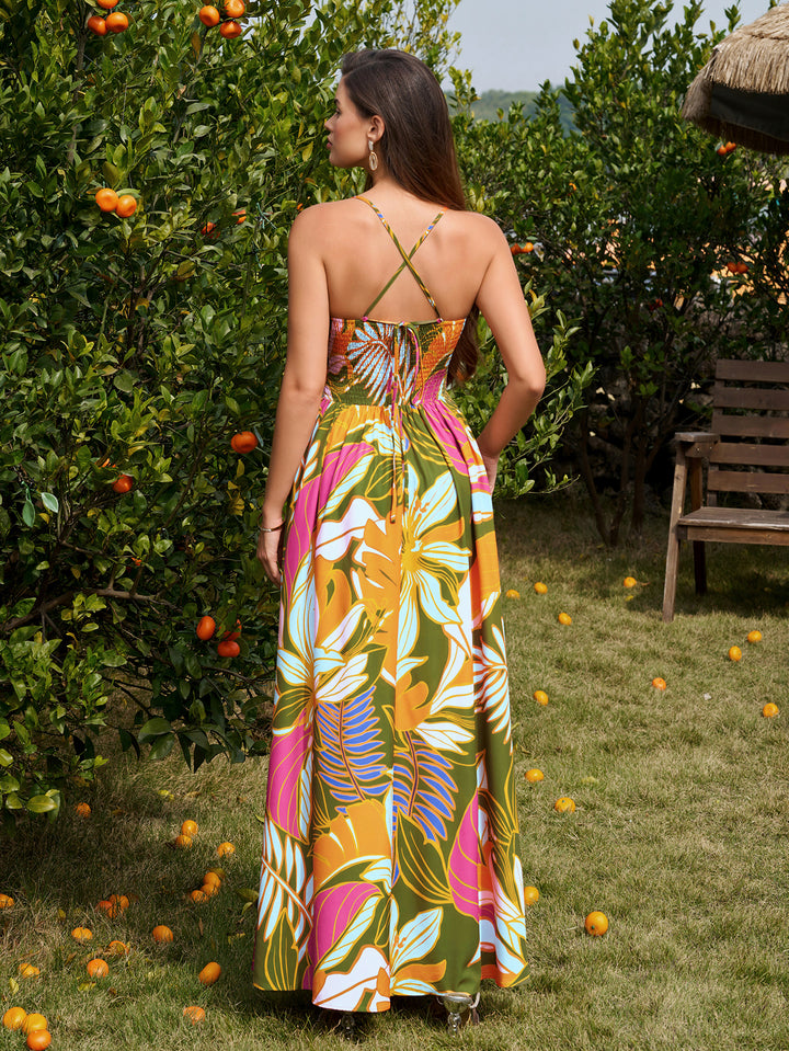 Deep V-Neck Tie Crisscross Back Floral Print Dress#color_greenfloral