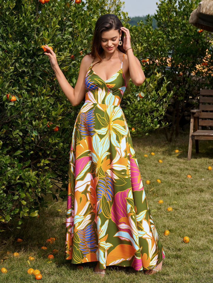 Tie Crisscross Deep V-Neck Back Floral Print Dress#color_greenfloral