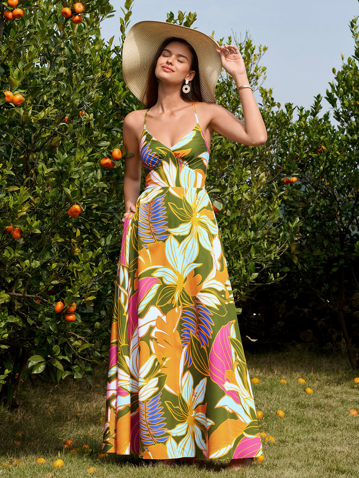 Tie Deep V-Neck Crisscross Back Floral Print Dress#color_greenfloral