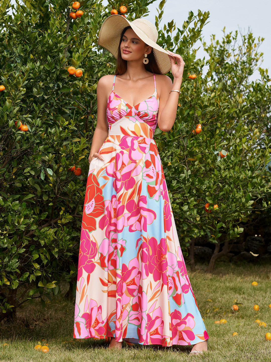 Crisscross Tie Deep V-Neck Back Floral Print Dress#color_pinkfloral