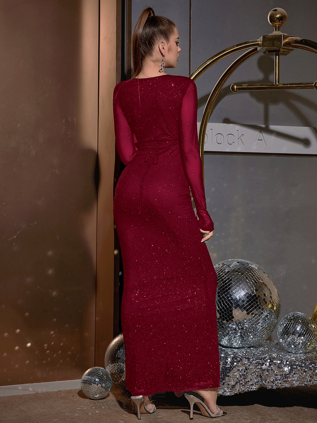 crisscross tie front deep v-neck glitter bodycon dress#color_wine