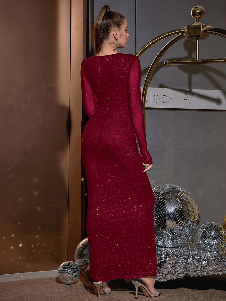 crisscross tie front deep v-neck glitter bodycon dress#color_wine