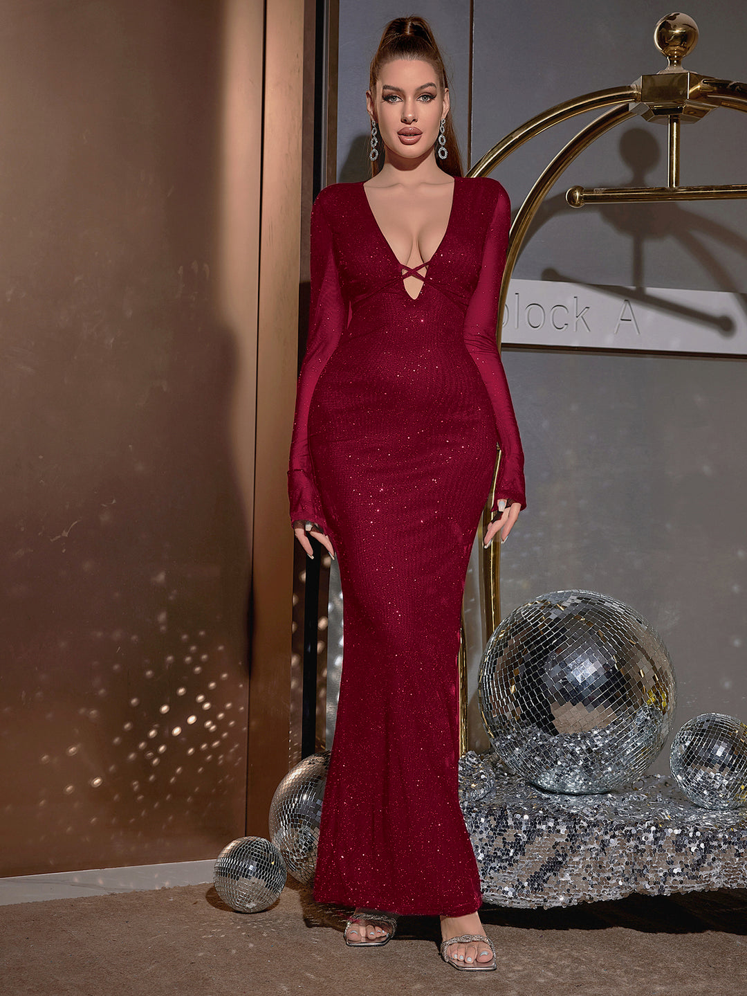 crisscross tie front glitter deep v-neck bodycon dress#color_wine