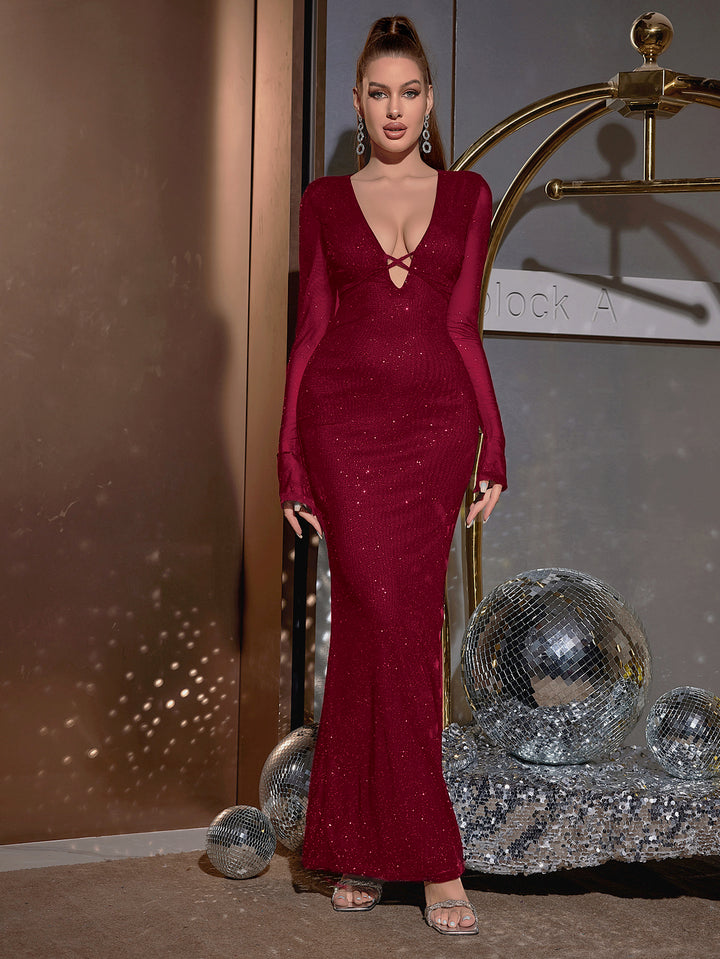 crisscross tie front glitter deep v-neck bodycon dress#color_wine