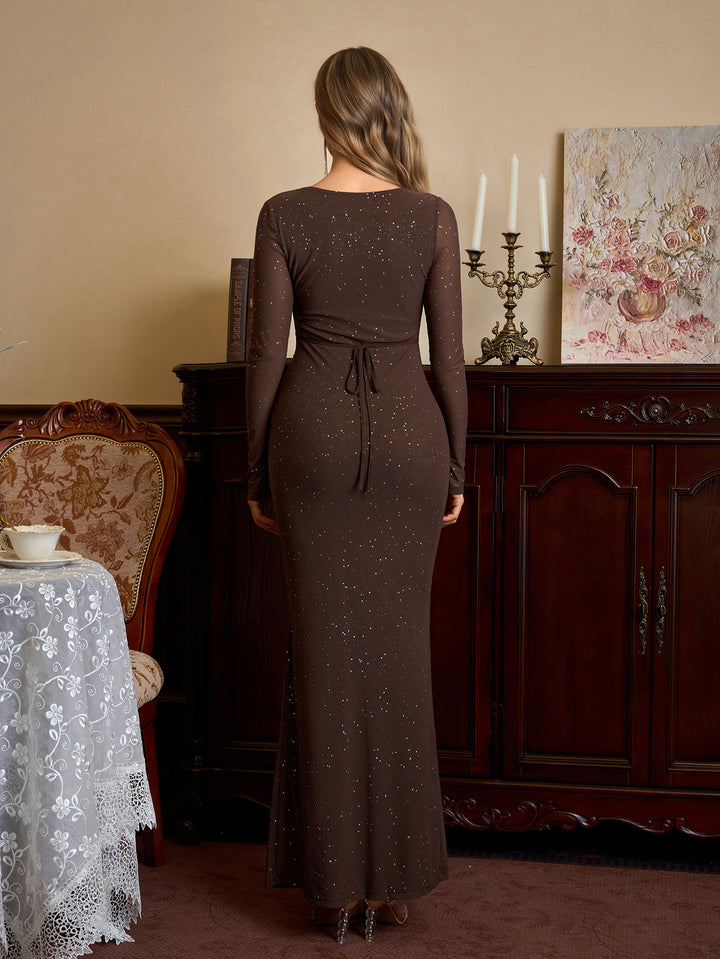 Deep V-Neck Crisscross Tie Front Glitter Bodycon Dress#color_brown