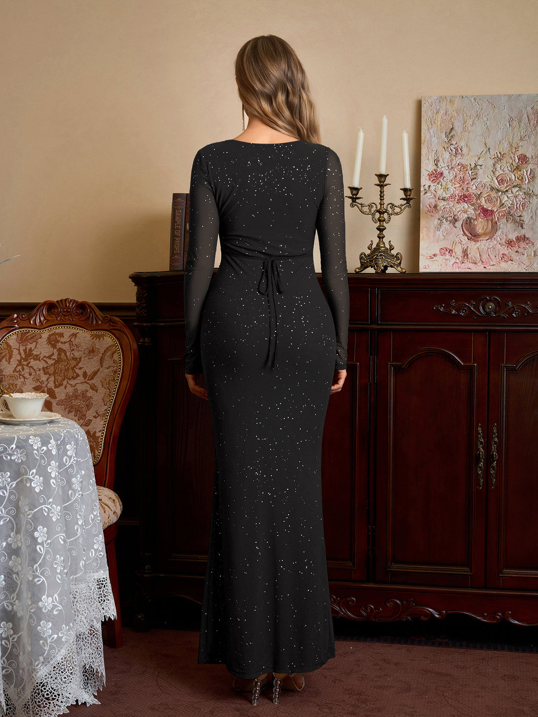 Deep V-Neck Tie Crisscross Front Glitter Bodycon Dress#color_black