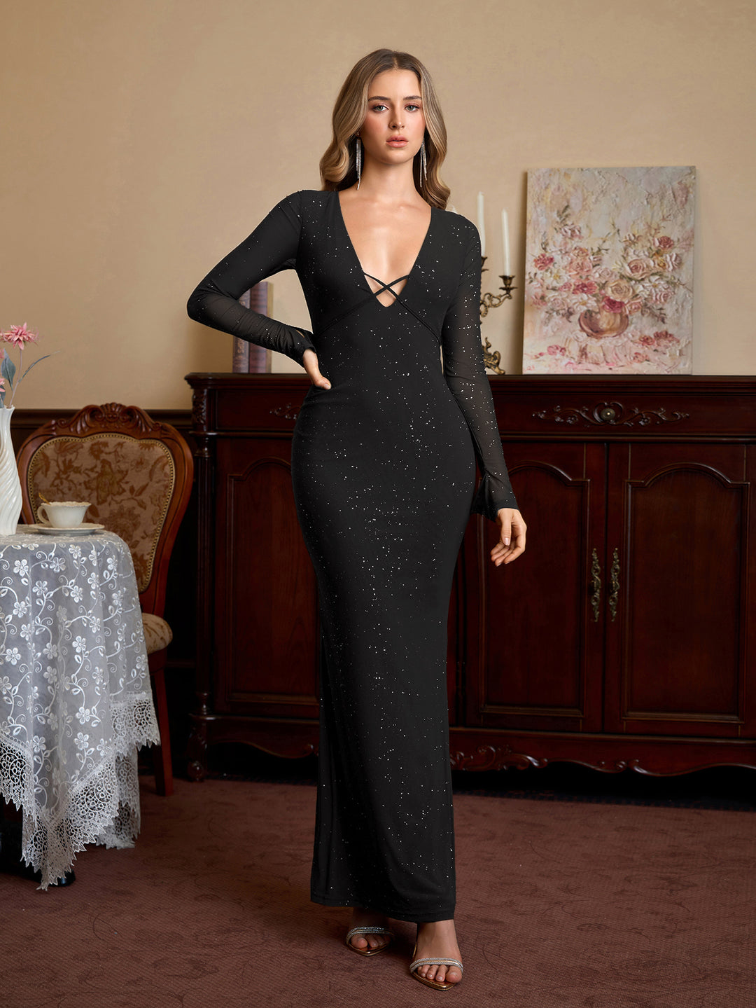 Tie V-Neck Deep Crisscross Front Glitter Bodycon Dress#color_black