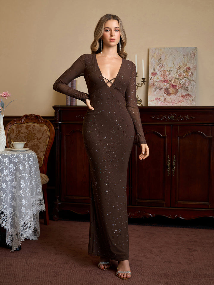 Deep V-Neck Tie Front Crisscross Glitter Bodycon Dress#color_brown