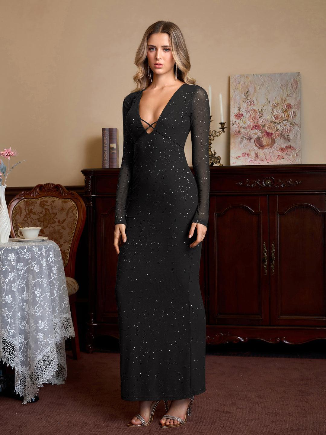 Crisscross Deep V-Neck Tie Front Glitter Bodycon Dress#color_black