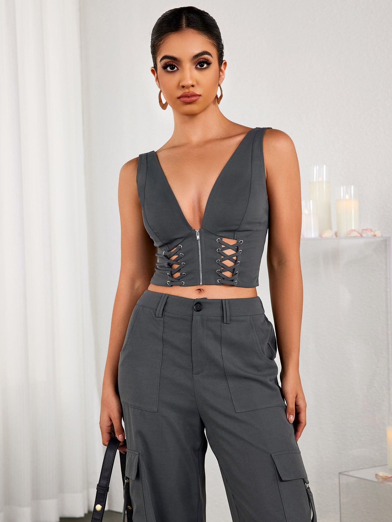 Deep V-Neck Cut Out Zipper Crop Top – Parthea Fashion