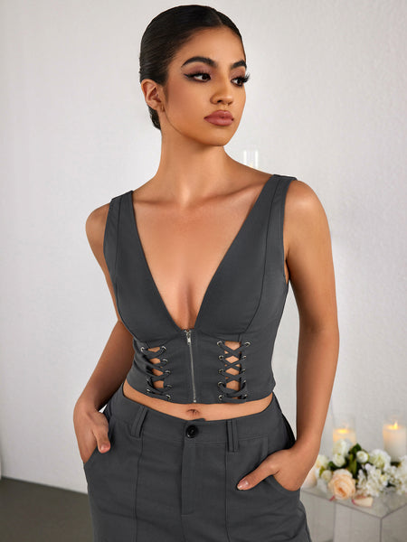 Deep V-Neck Cut Out Zipper Crop Top – Parthea Fashion