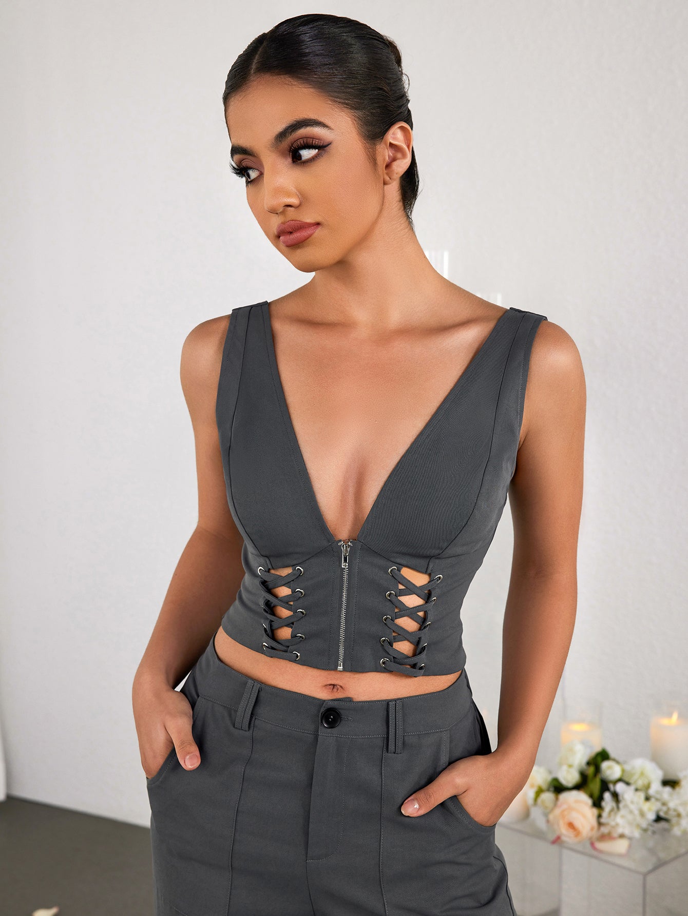 Deep V-Neck Cut Out Zipper Crop Top – Parthea Fashion