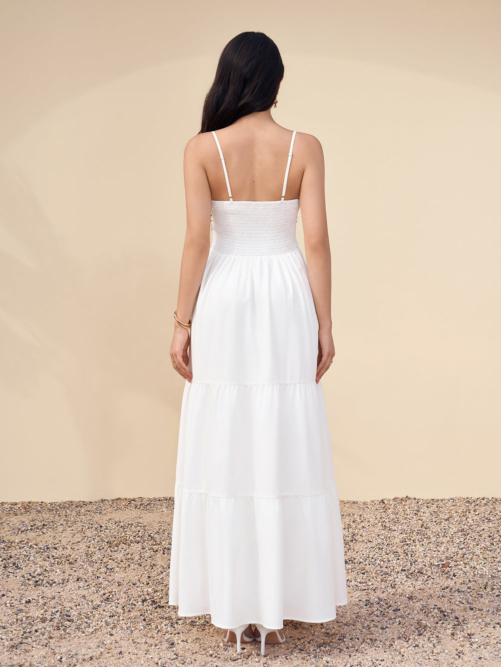 Deep V-Neck Ruched Embellished Pocket Cami Dress#color_white