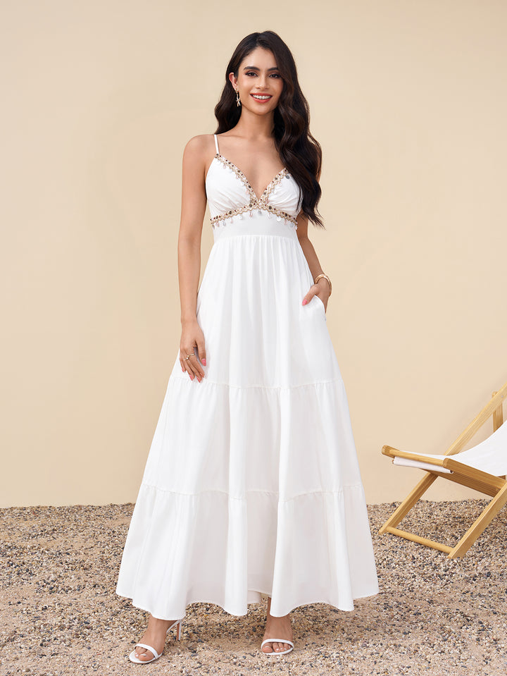 Ruched Deep V-Neck Embellished Pocket Cami Dress