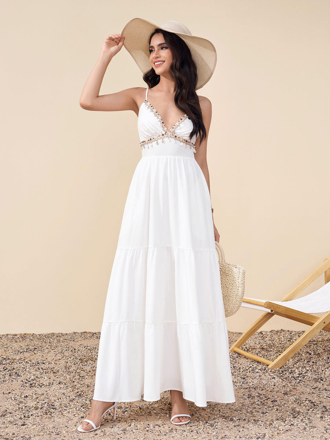 Embellished Deep V-Neck Ruched Pocket Cami Dress