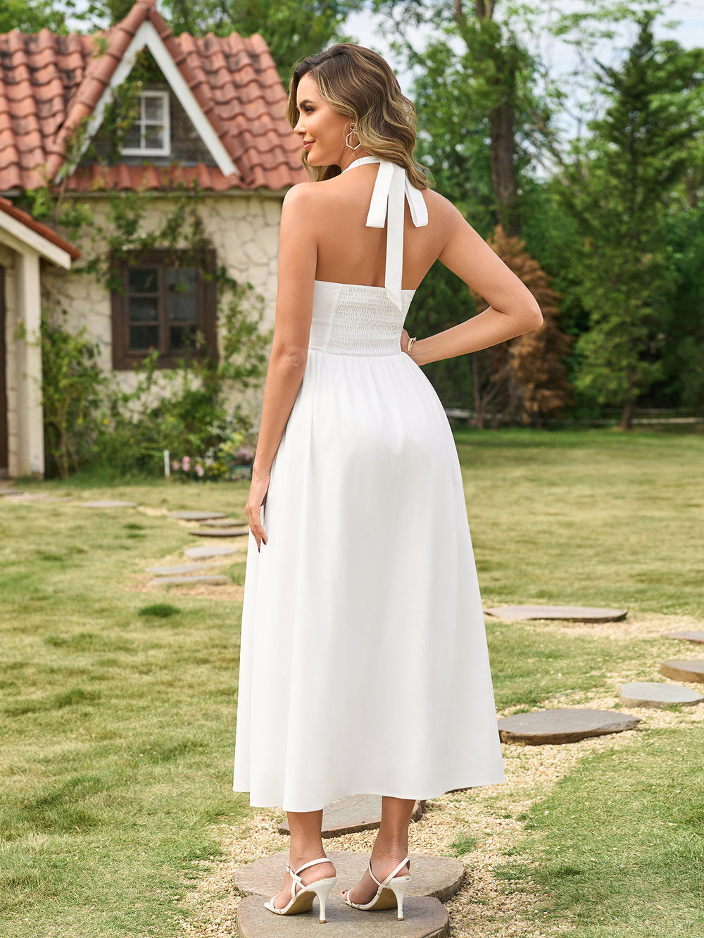 Deep V-Neck Bow Halter Decoration Backless Dress#color_white