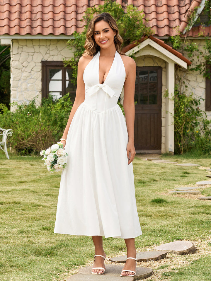 Deep V-Neck Bow Decoration Halter Backless Dress#color_white