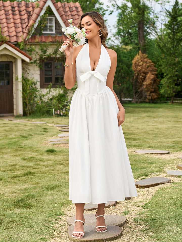 Halter Bow Deep V-Neck Decoration Backless Dress#color_white