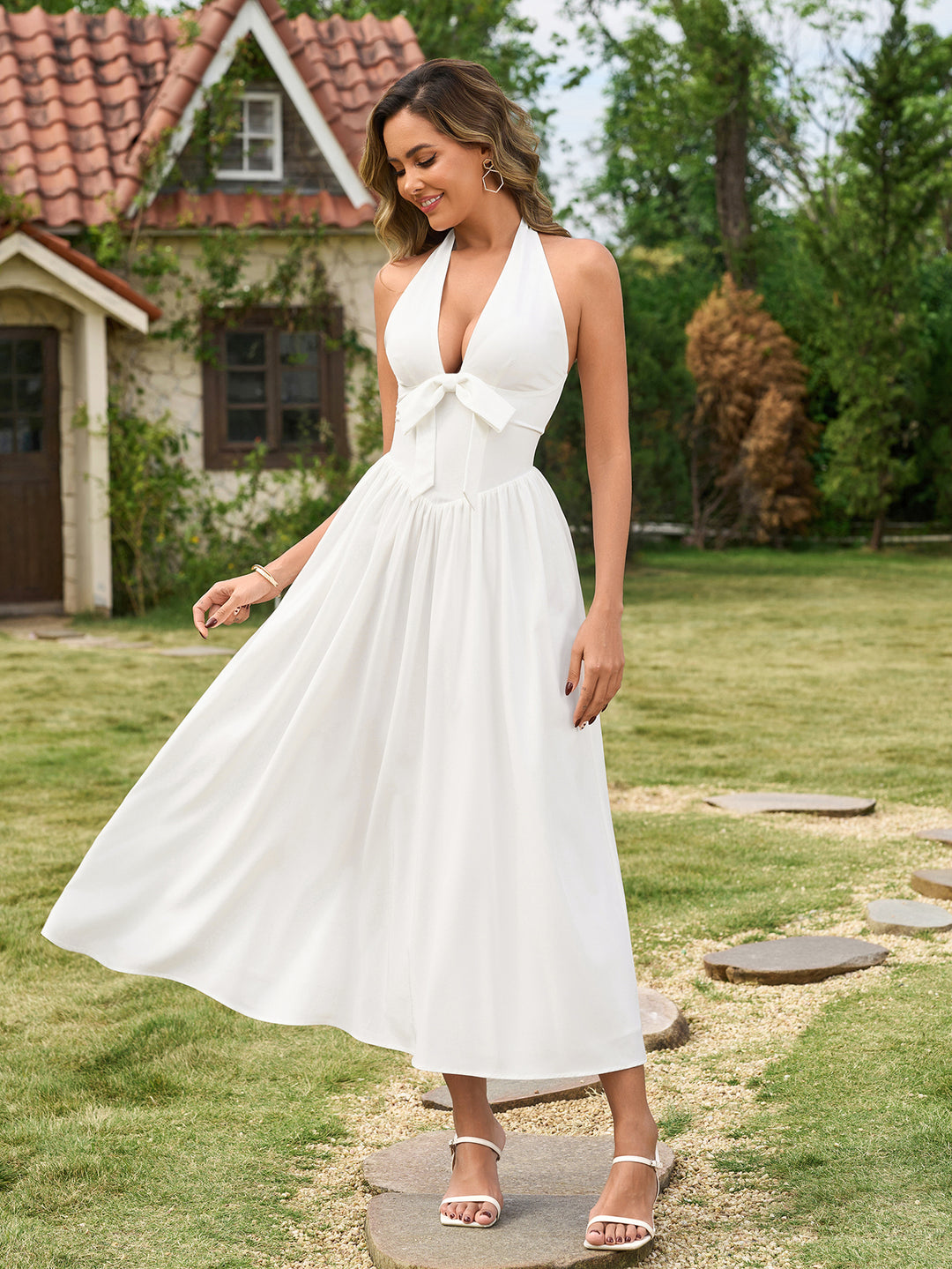 Halter Deep V-Neck Bow Decoration Backless Dress#color_white