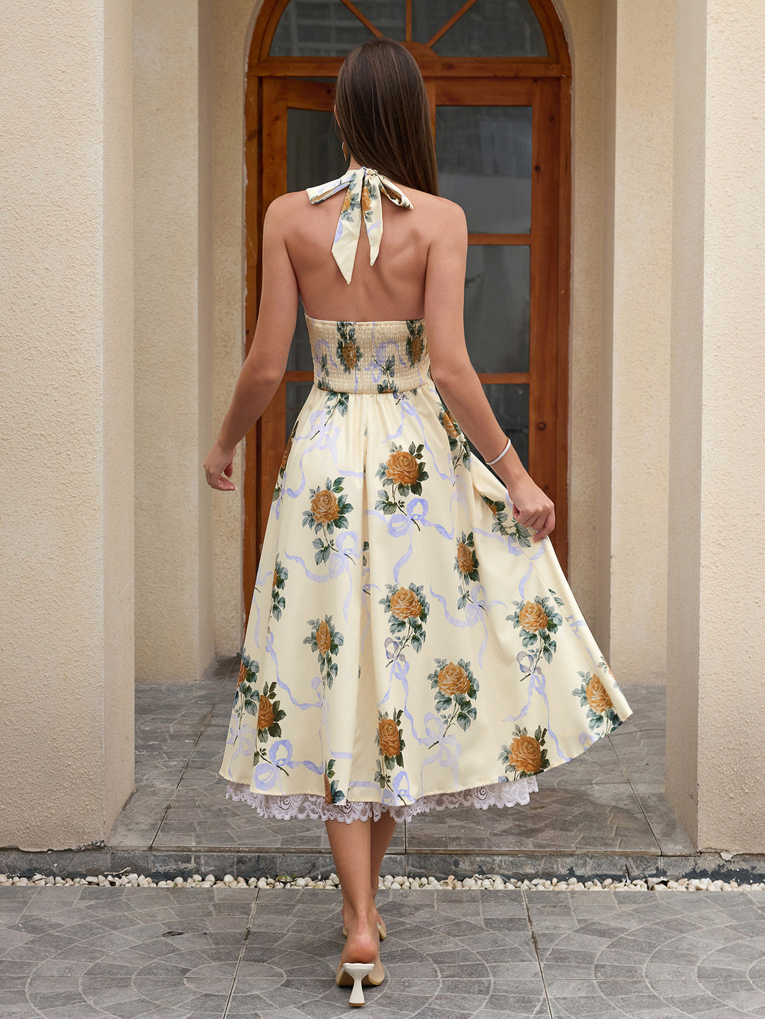 Deep V-Neck Halter Lace Spliced Floral Dress, YellowRose / XS Deep V-Neck Halter Lace Spliced Floral Dress, YellowRose / XS