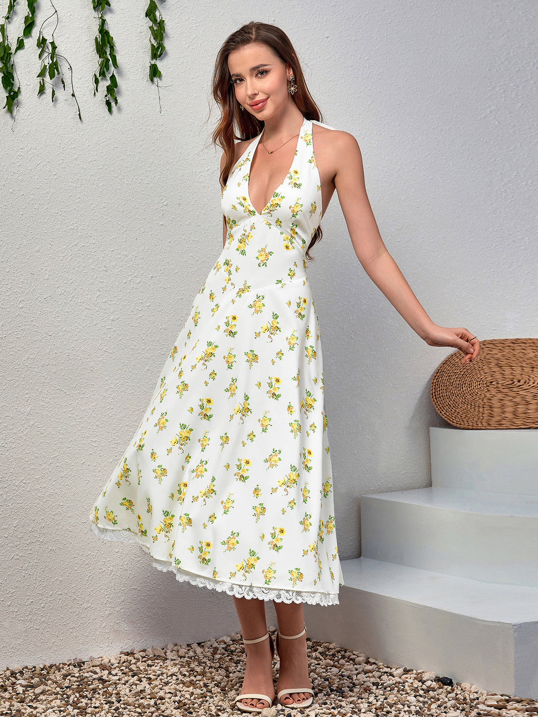 Deep V-Neck Halter Lace Spliced Floral Dress, YellowRose / XS Deep V-Neck Halter Lace Spliced Floral Dress, YellowRose / XS