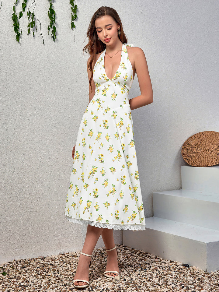 Deep V-Neck Halter Lace Spliced Floral Dress, YellowRose / Xs Deep V-Neck Halter Lace Spliced Floral Dress, YellowRose / Xs