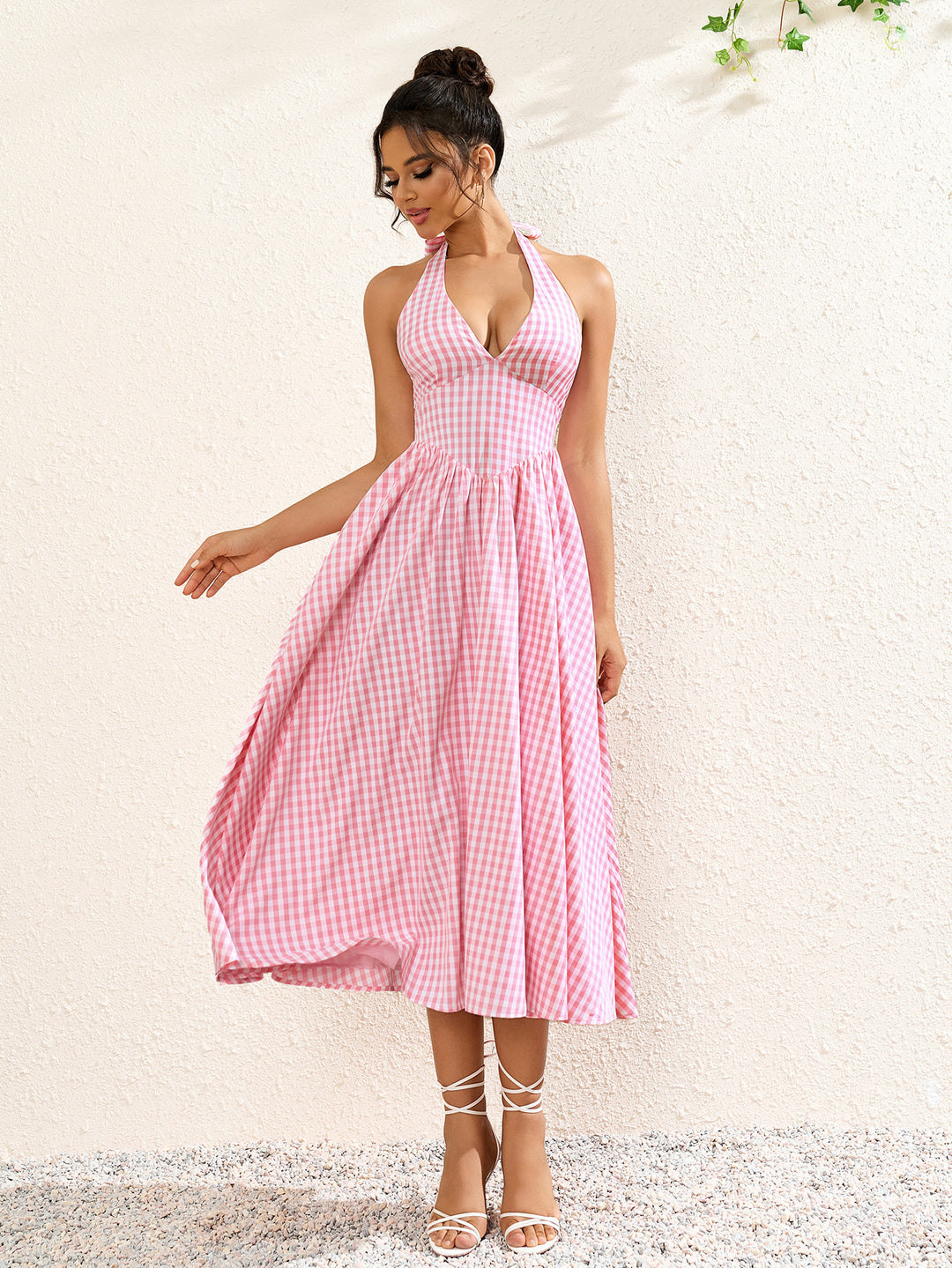 Deep V-Neck Halter Plaid Print Dress Deep V-Neck Halter Plaid Print Dress