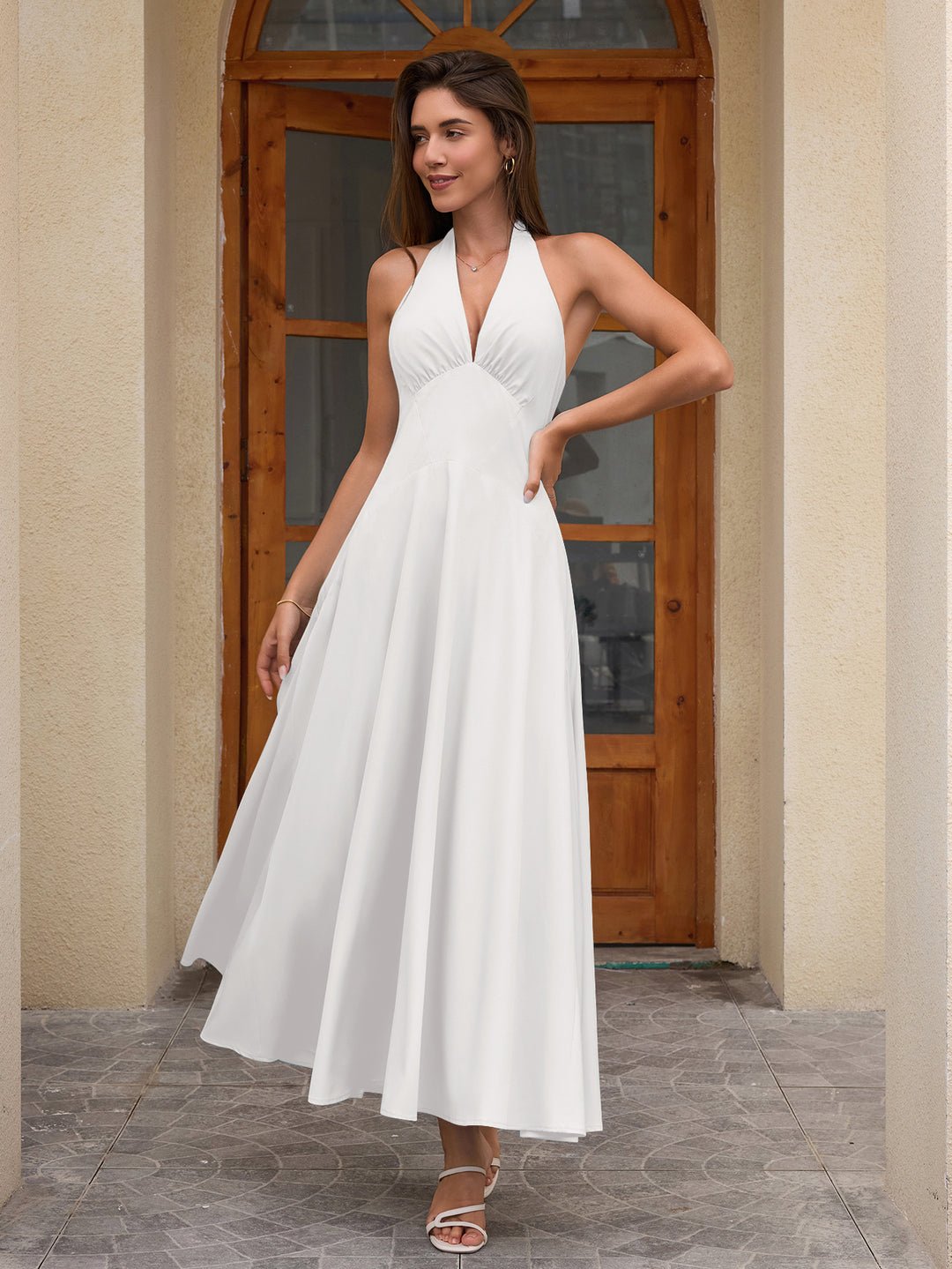 Deep V-Neck Halter Ruched Back Solid Dress, Blue / XS Deep V-Neck Halter Ruched Back Solid Dress, Blue / XS