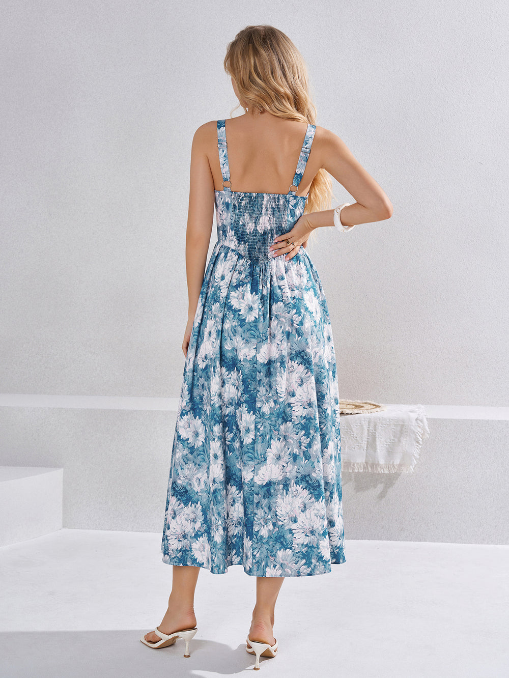 Deep V-Neck Corset Lace Trim Floral Print Dress#color_bluefloral