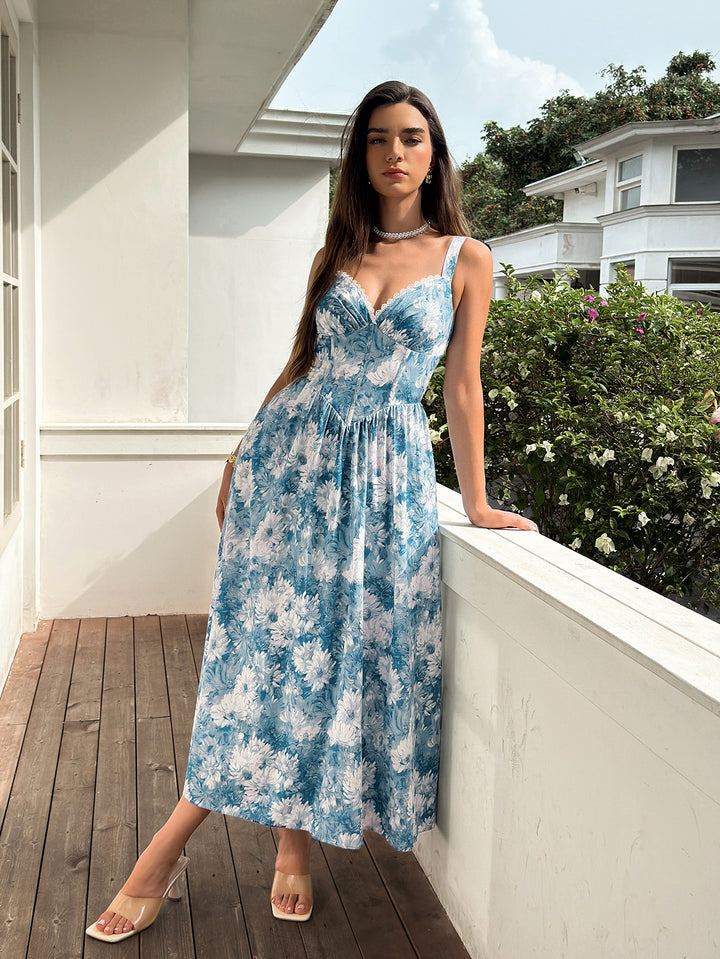 Corset Deep V-Neck Lace Trim Floral Print Dress