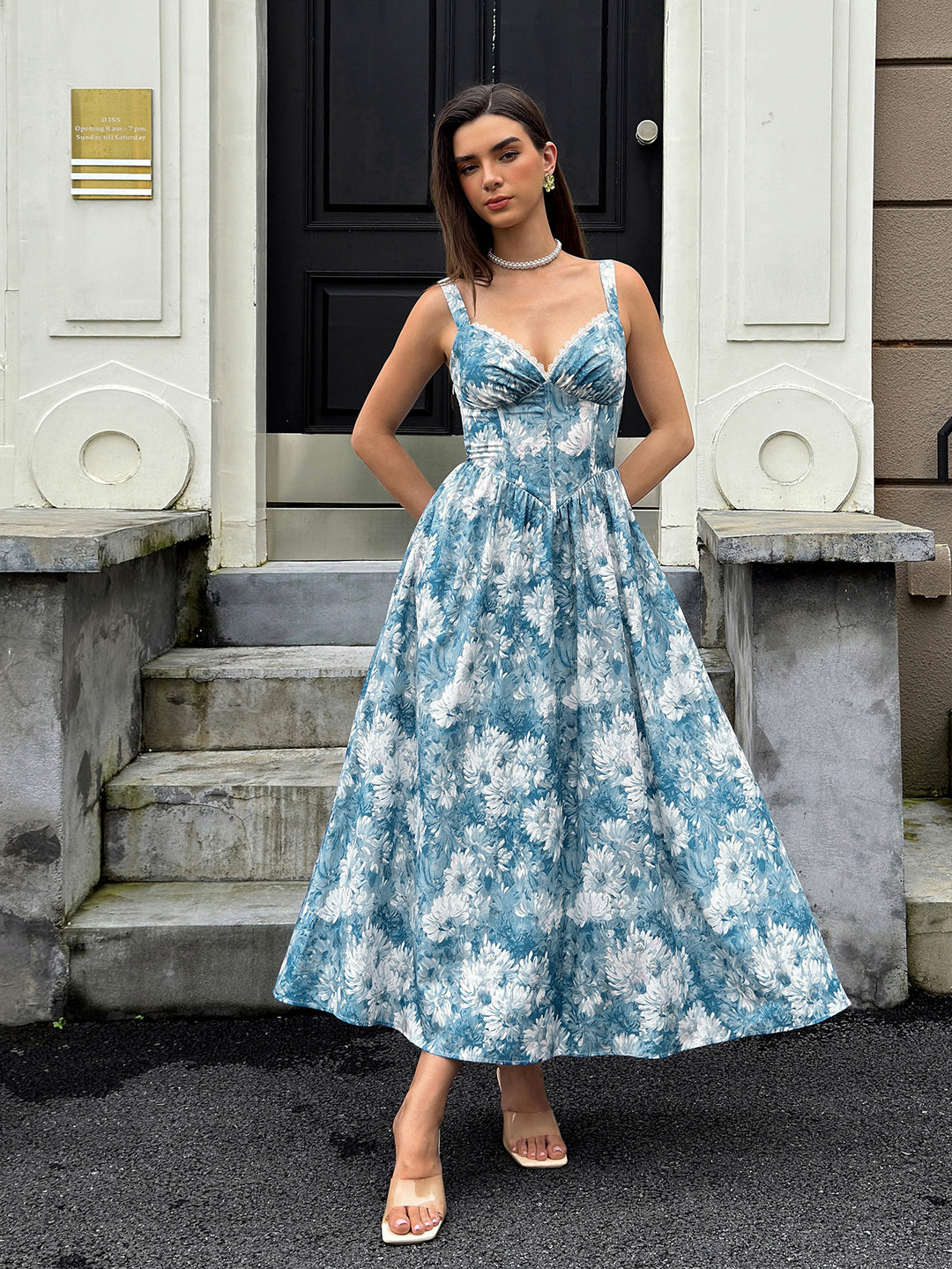 Lace Trim Corset Deep V-Neck Floral Print Dress