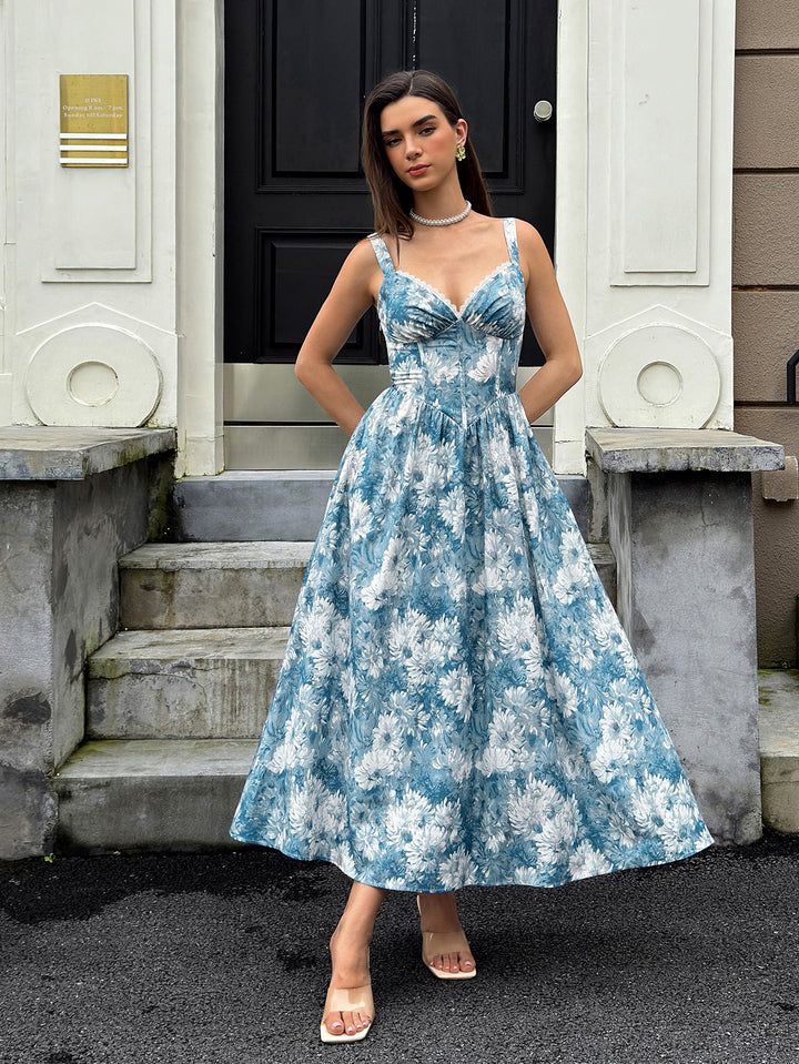 Lace Trim Corset Deep V-Neck Floral Print Dress