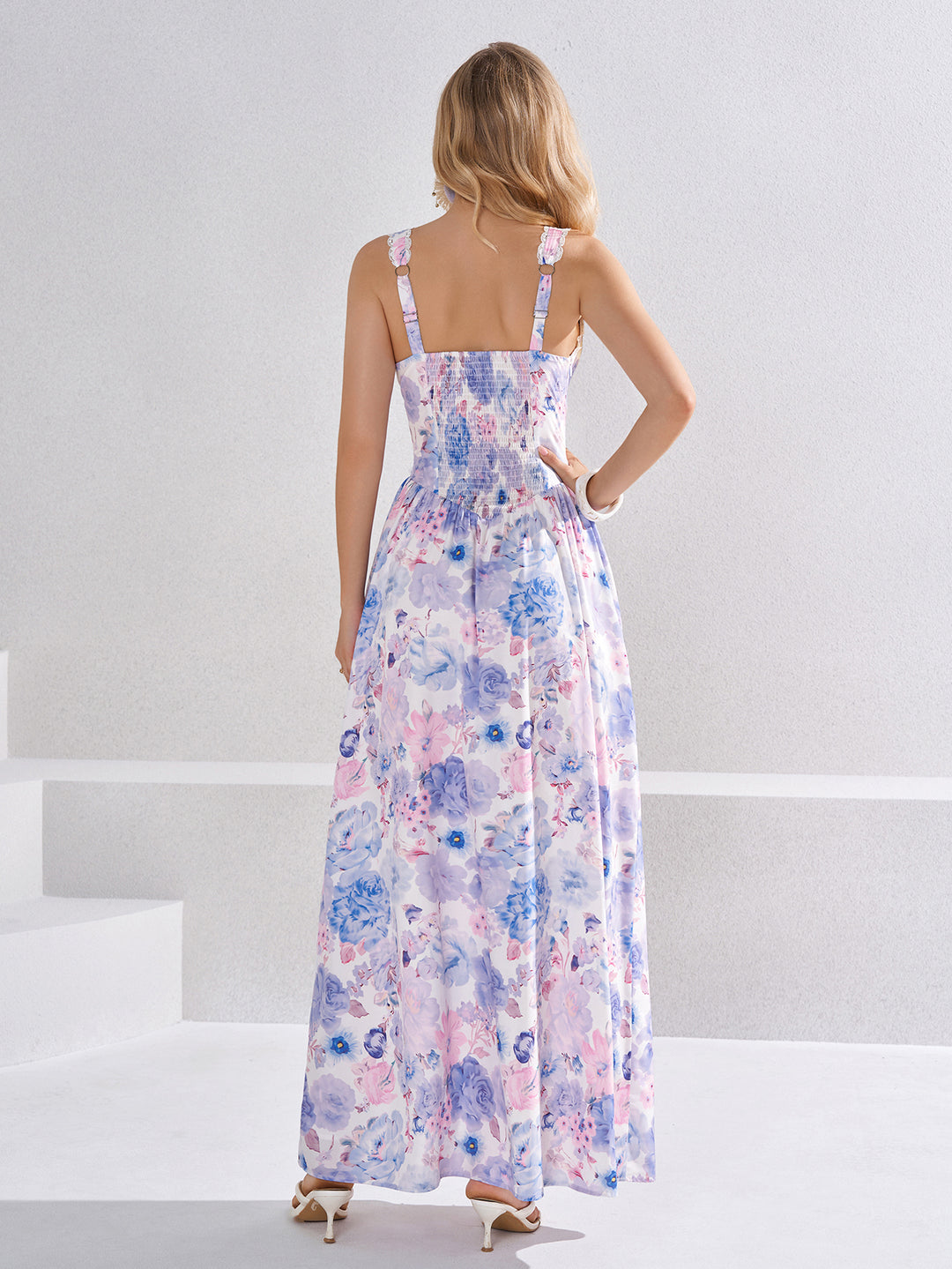 Deep V-Neck Tie Front Lace Trim Floral Print Dress
