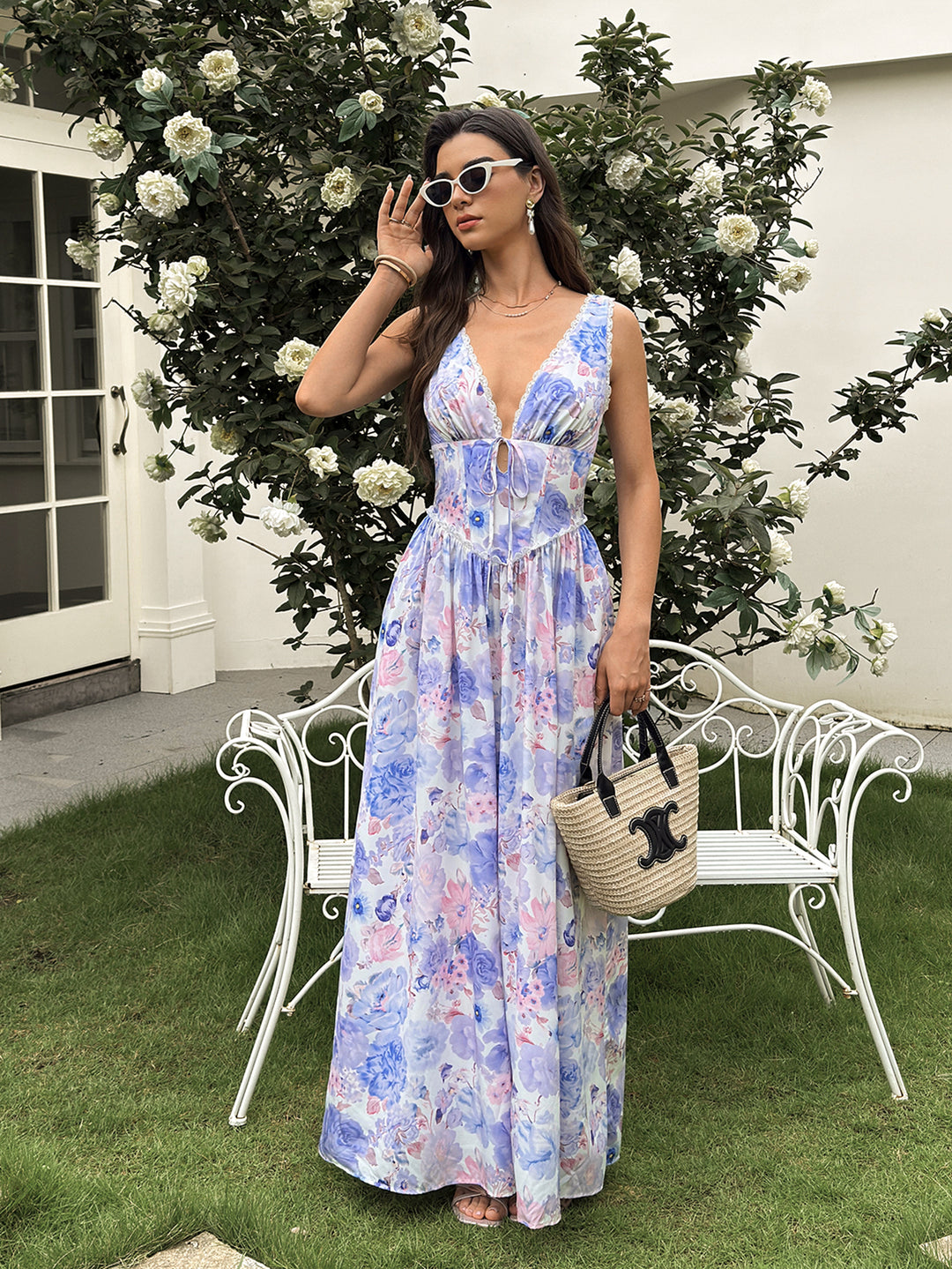 Tie Front Deep V-Neck Lace Trim Floral Print Dress