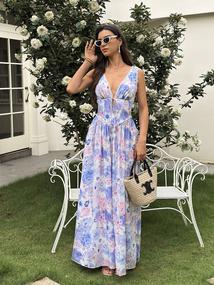 Tie Front Deep V-Neck Lace Trim Floral Print Dress