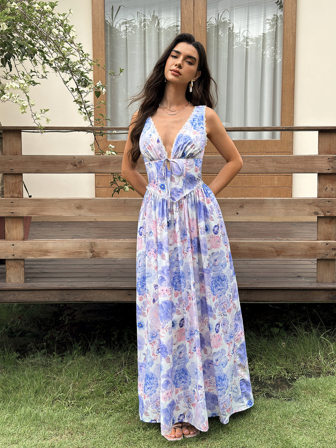 Deep V-Neck Lace Trim Tie Front Floral Print Dress#color_bluefloral