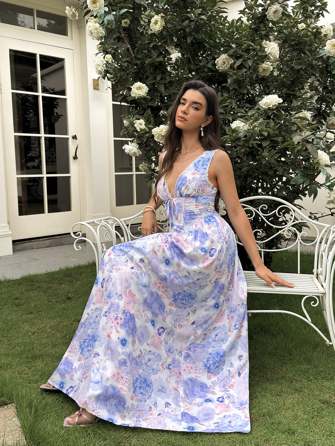 Lace Trim Tie Front Deep V-Neck Floral Print Dress