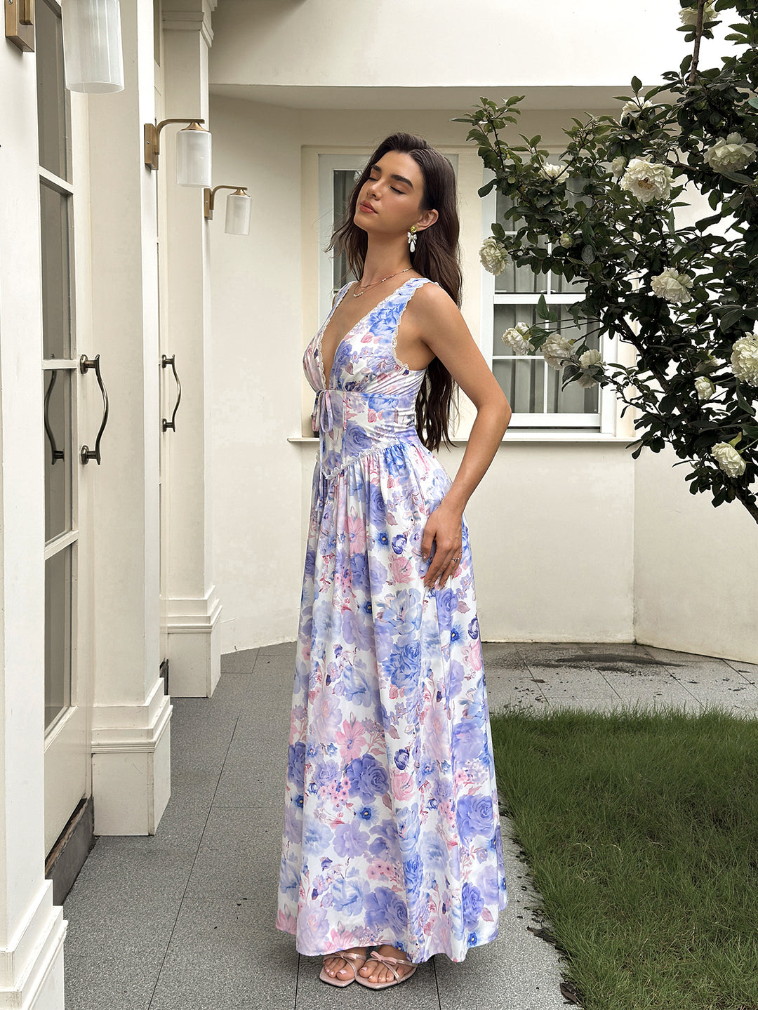 Lace Trim Deep V-Neck Tie Front Floral Print Dress