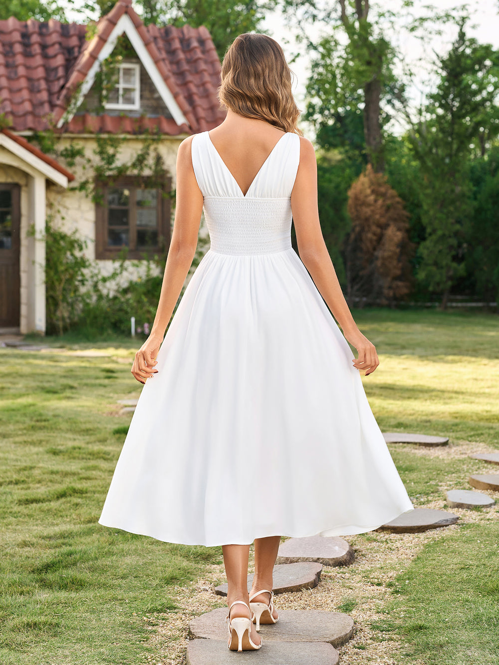 Deep Ruched V-Neck Embellished Button Maxi Dress#color_white