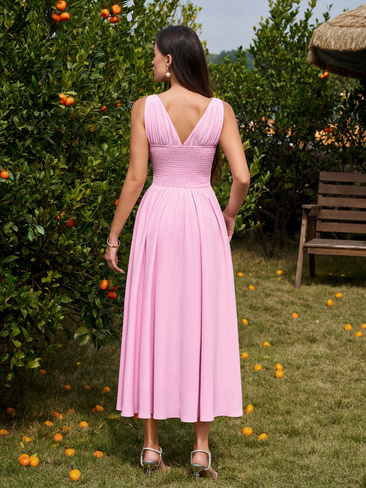 Deep V-Neck Embellished Ruched Button Maxi Dress#color_pink