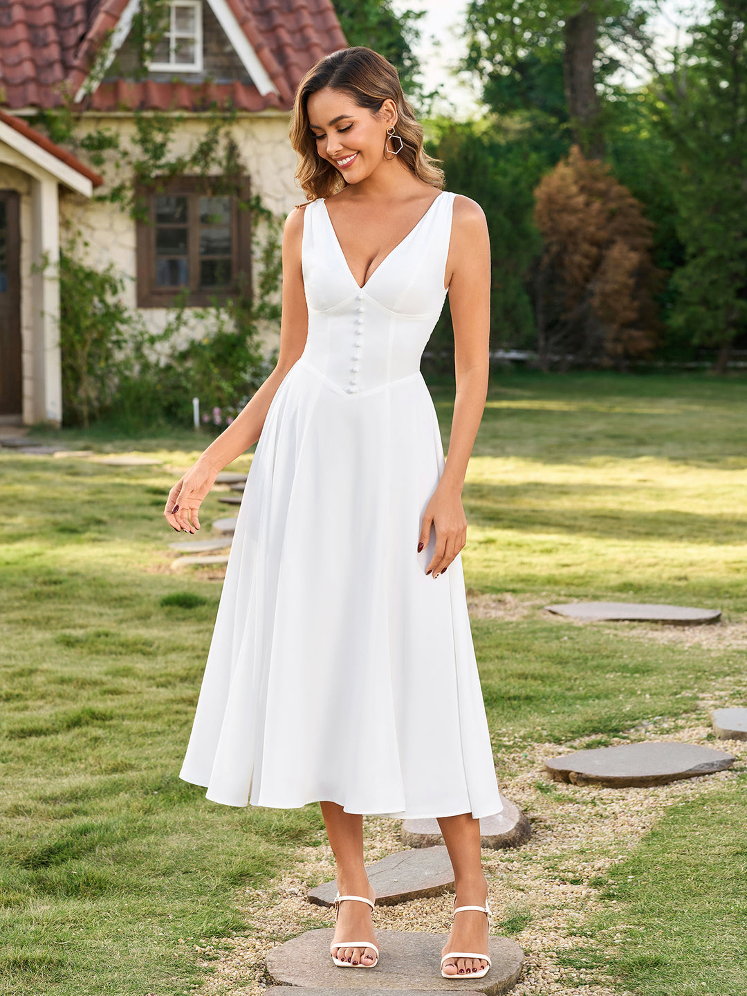 deep v neck ruched dress Deep V-Neck Ruched Embellished Button Maxi Dress, White / XS