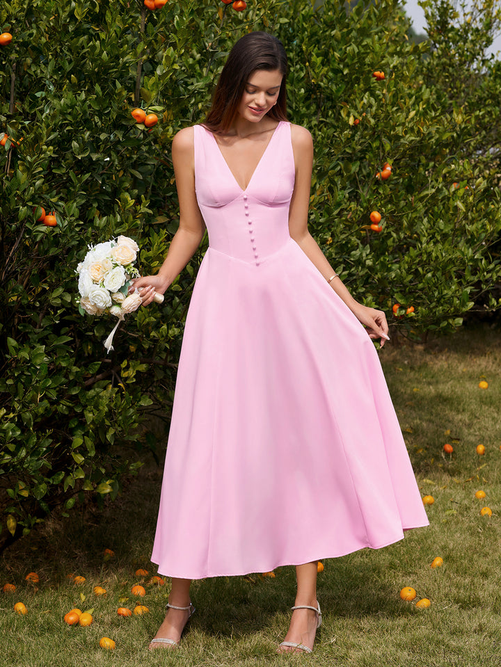 Embellished Ruched Deep V-Neck Button Maxi Dress#color_pink
