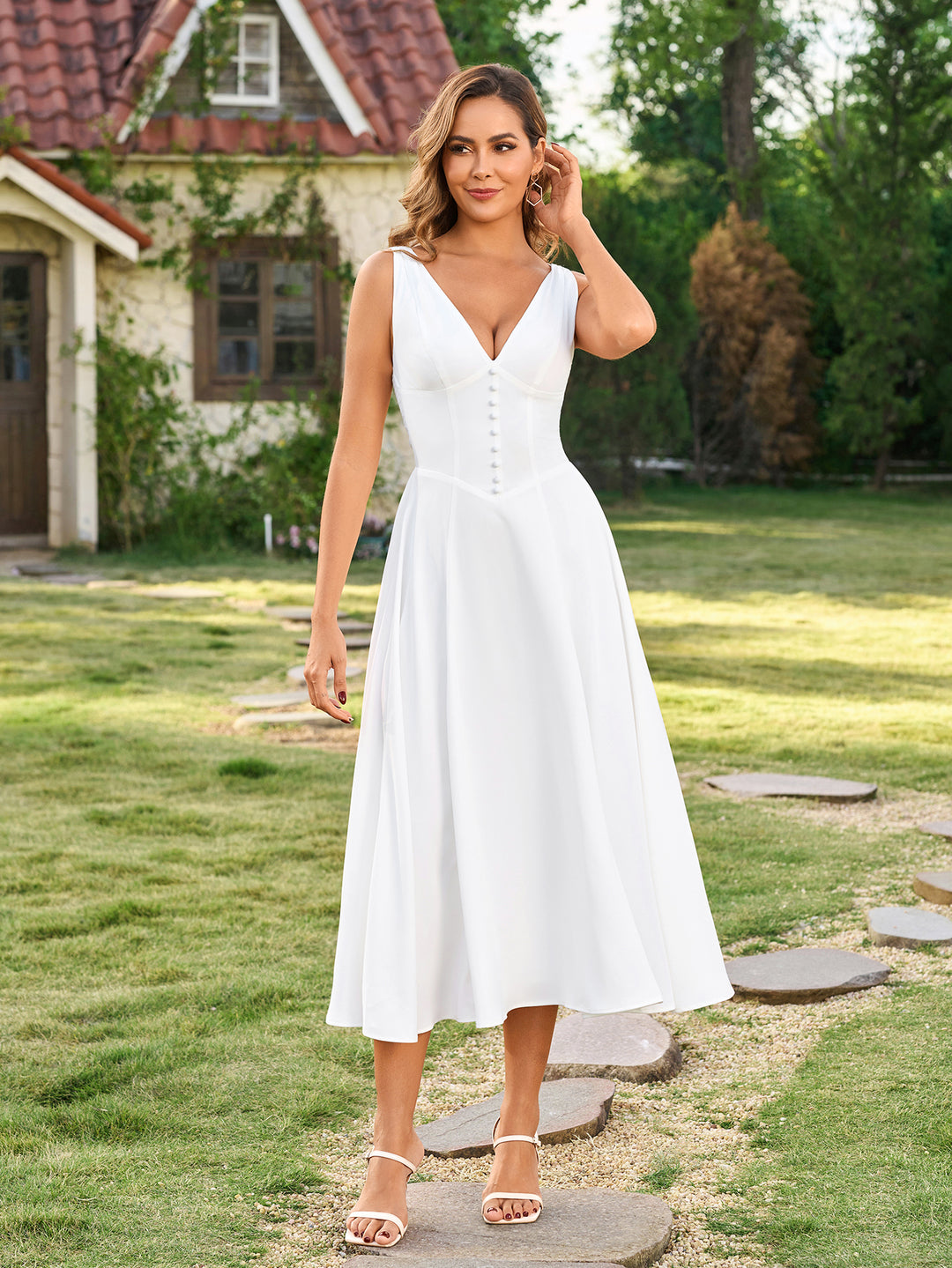 Ruched Deep V-Neck Embellished Button Maxi Dress#color_white