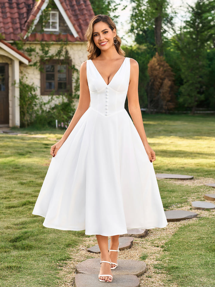 Deep V-Neck Ruched Embellished Button Maxi Dress#color_white